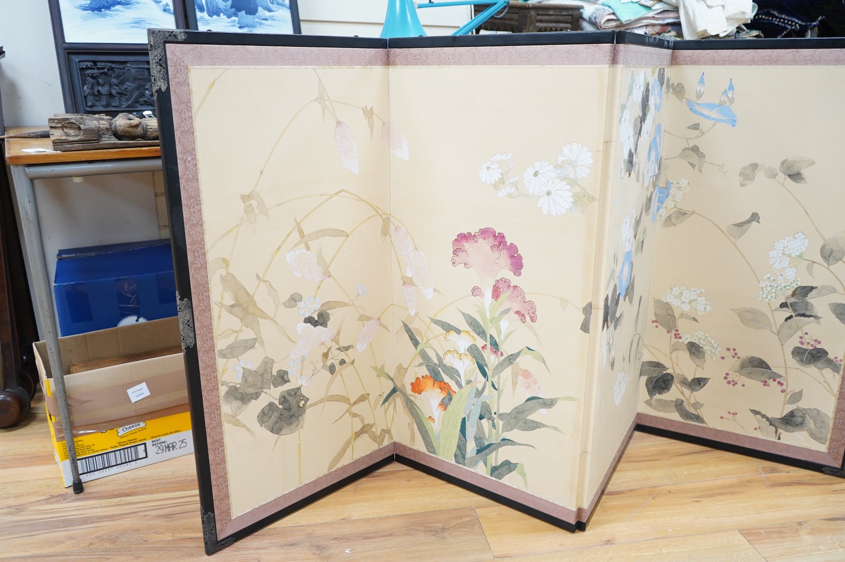 A Japanese four-fold floral painted screen, 92cm high